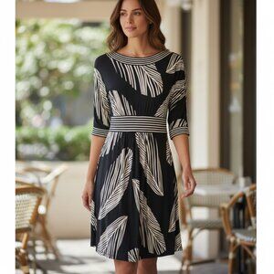 BCBGMaxazria Black & Cream Palm Frans Stretch Shift Dress Women's Size M